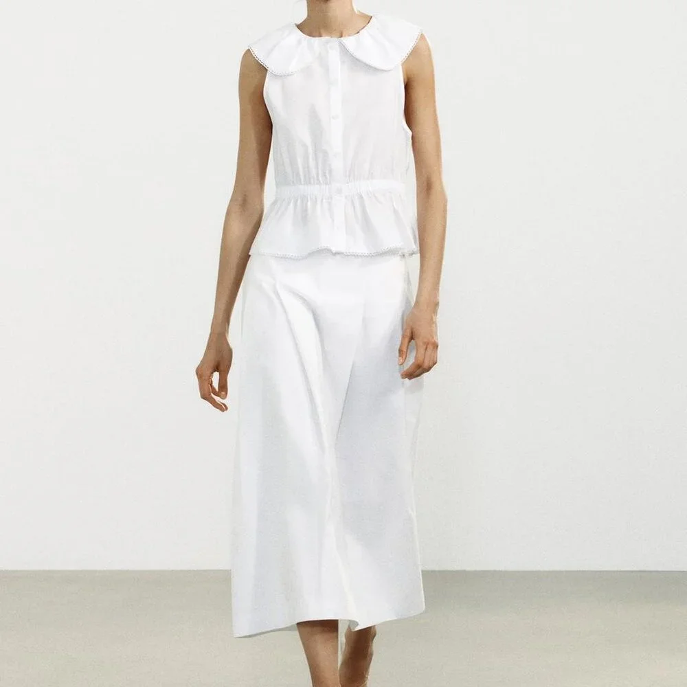 Zara White Pleated Midi Skirt - Size Large - Organic Cotton - Minimalist Chic - Picture 3 of 11